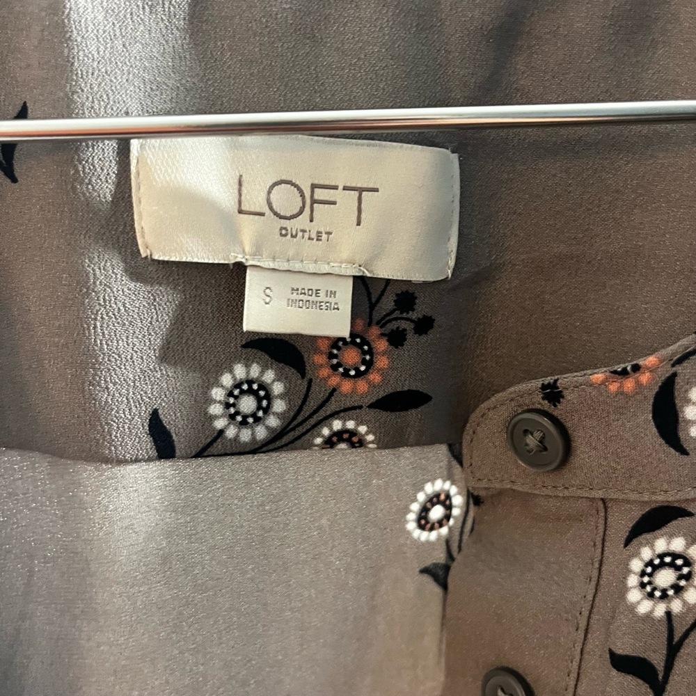 LOFT Womens Dress Taupe Gray Floral Tunic Drawstring Waist Bohemian Small - Picture 8 of 9